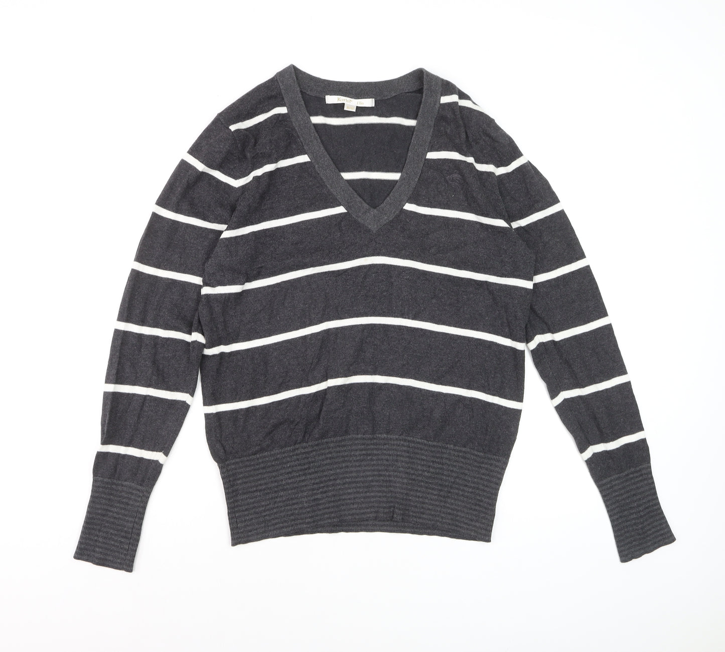 Kartel Women’s Grey Striped V-Neck Cotton Knit Jumper Size 12