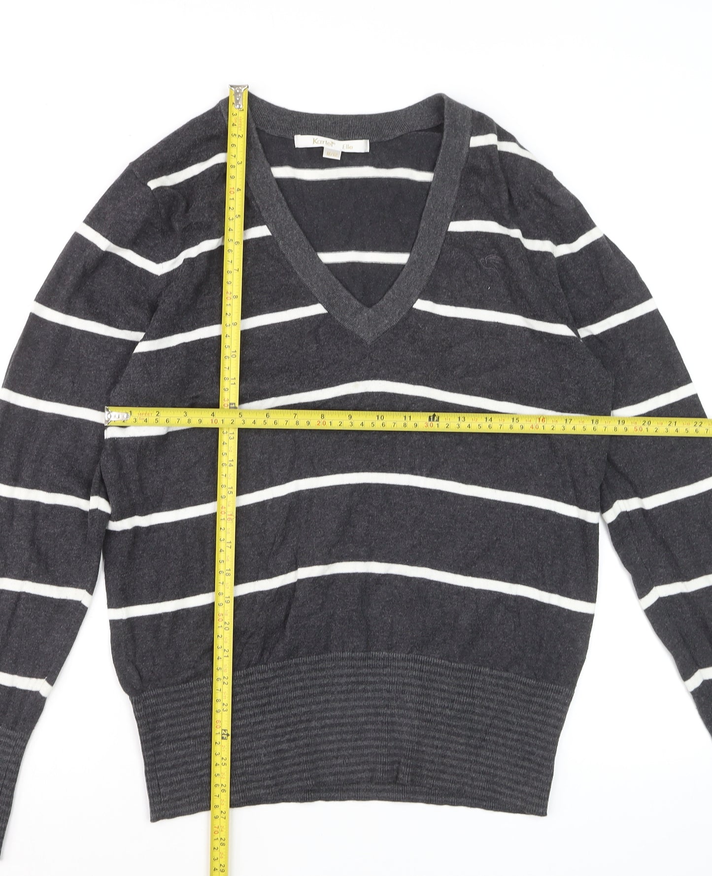 Kartel Women’s Grey Striped V-Neck Cotton Knit Jumper Size 12