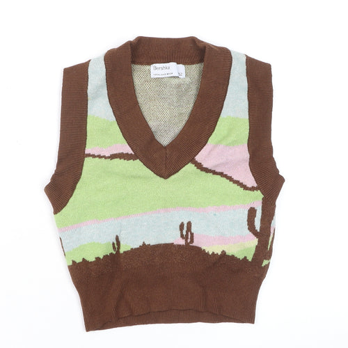 Bershka Women Multicoloured XS Knit Sleeveless V-Neck Vest Jumper
