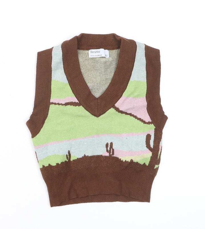 Bershka Women Multicoloured XS Knit Sleeveless V-Neck Vest Jumper