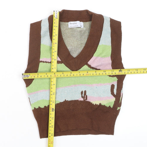 Bershka Women Multicoloured XS Knit Sleeveless V-Neck Vest Jumper