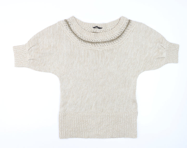 Dorothy Perkins Women Beige Short Sleeve Knit Jumper Size 14