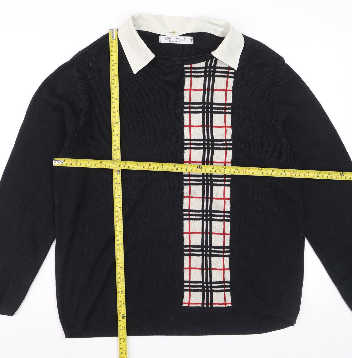 Anne Cramond Men's Black Collared Check Knit Jumper XL