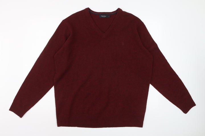 James Pringle Men's Red Wool V-Neck Jumper XL Classic Knitwear