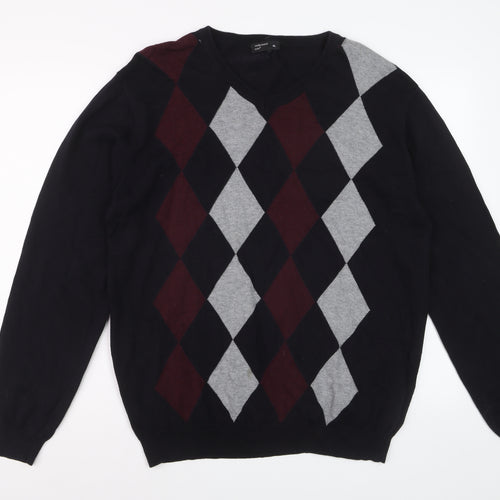 Cedarwood State Men's Black Argyle V-Neck Cotton Jumper XL