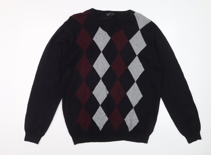 Cedarwood State Men's Black Argyle V-Neck Cotton Jumper XL