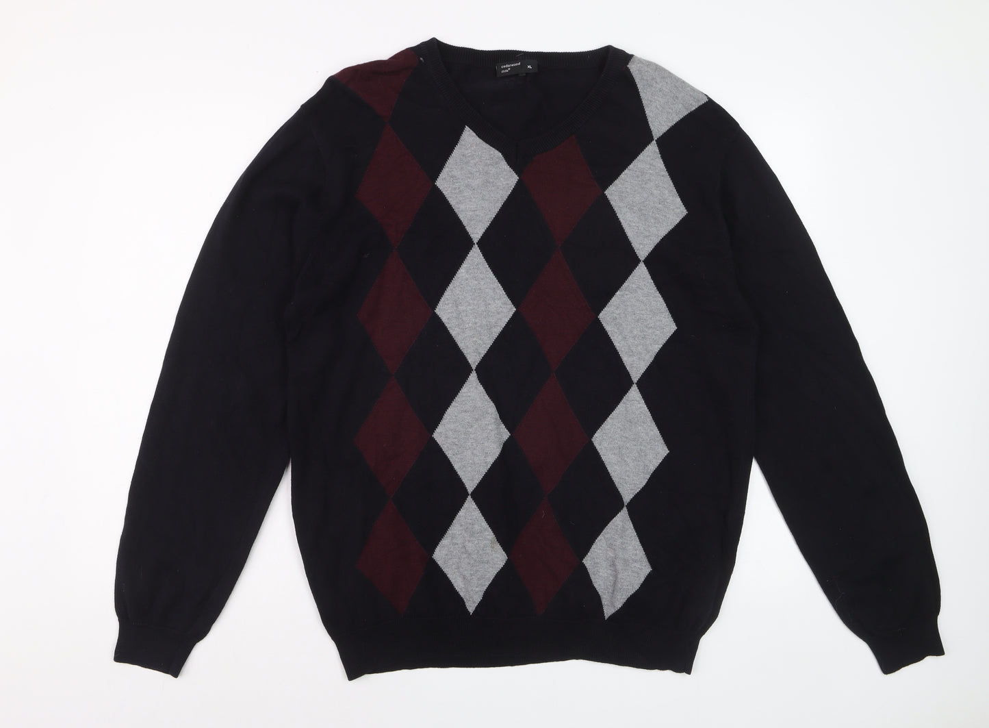 Cedarwood State Men's Black Argyle V-Neck Cotton Jumper XL