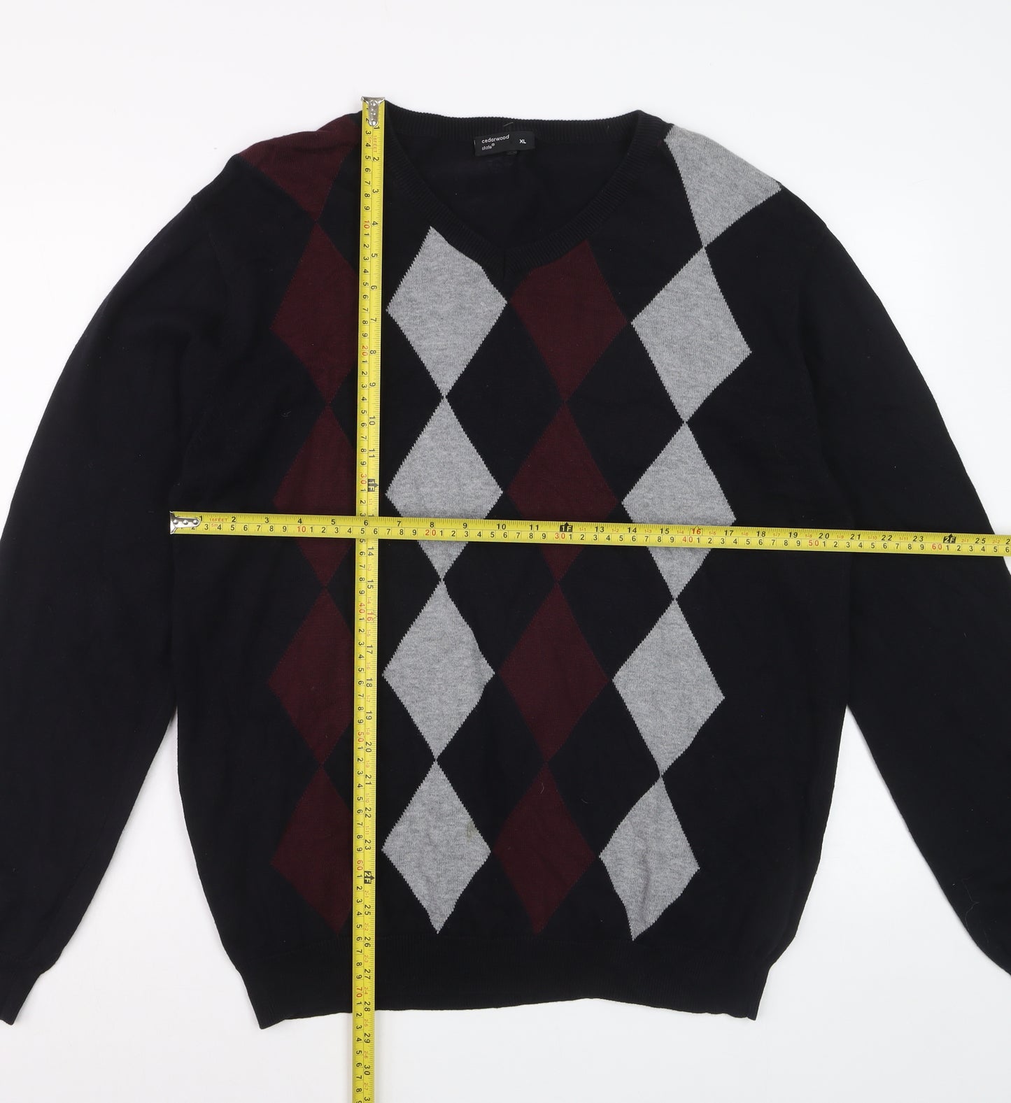 Cedarwood State Men's Black Argyle V-Neck Cotton Jumper XL
