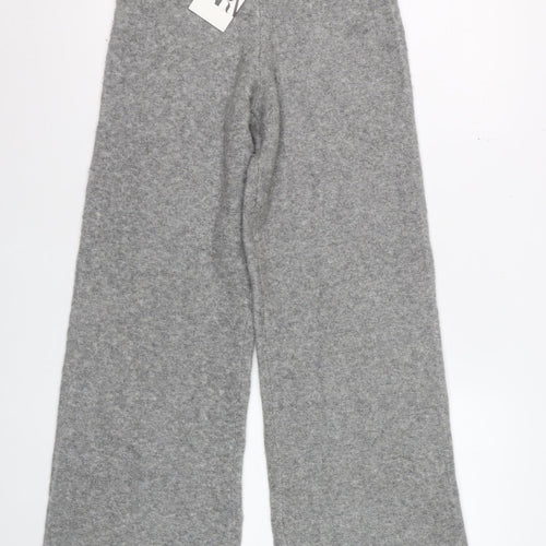 Zara Women Grey Knit Wide-Leg Trousers Size S Comfortable Winter Style