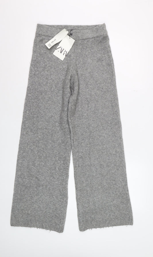 Zara Women Grey Knit Wide-Leg Trousers Size S Comfortable Winter Style