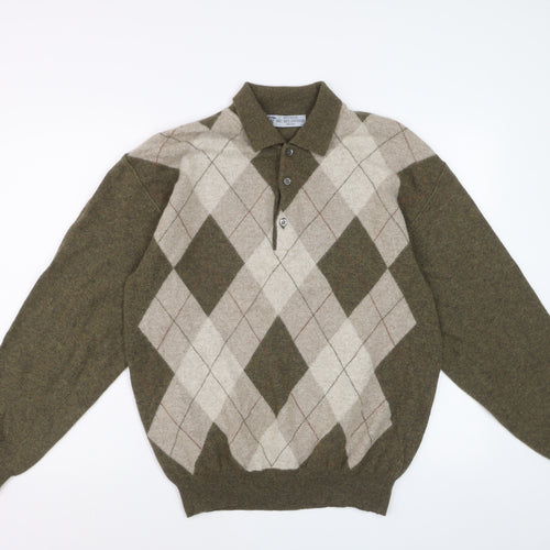 MC Bellwood Men's Brown Argyle Collared Wool Angora Jumper L