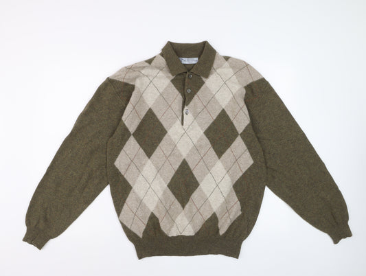 MC Bellwood Men's Brown Argyle Collared Wool Angora Jumper L