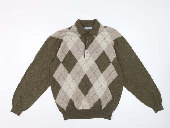 MC Bellwood Men's Brown Argyle Collared Wool Angora Jumper L