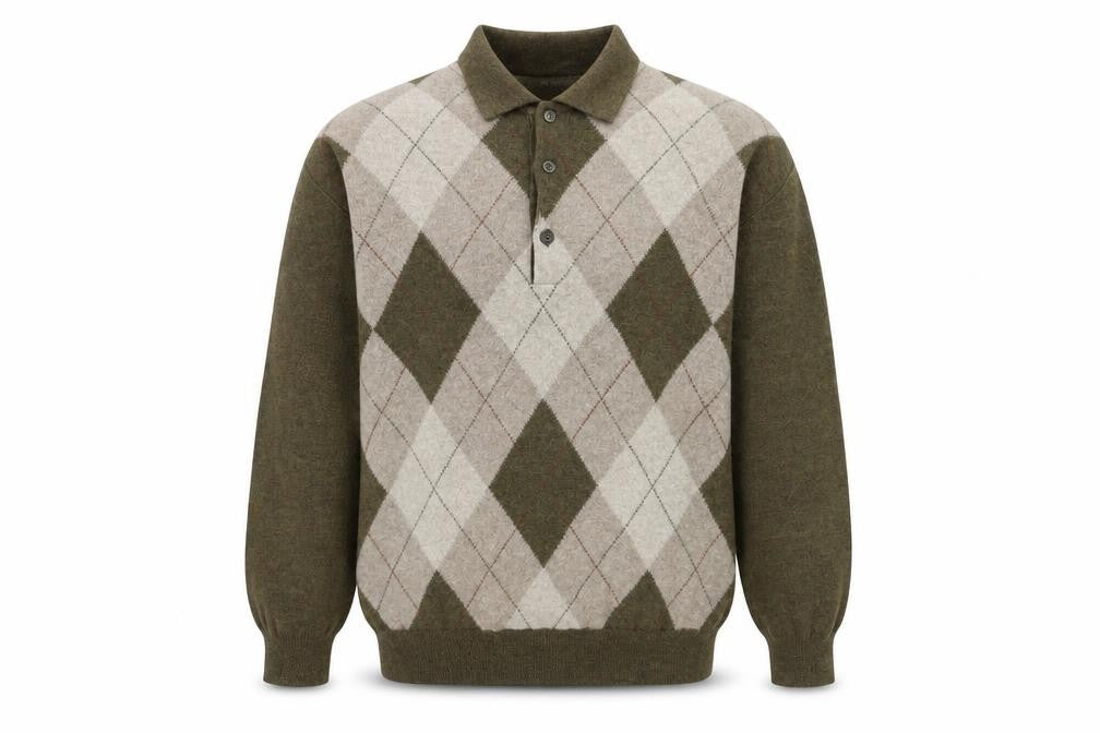 Front view of MC Bellwood Men's Brown Argyle Collared Wool Angora Jumper L