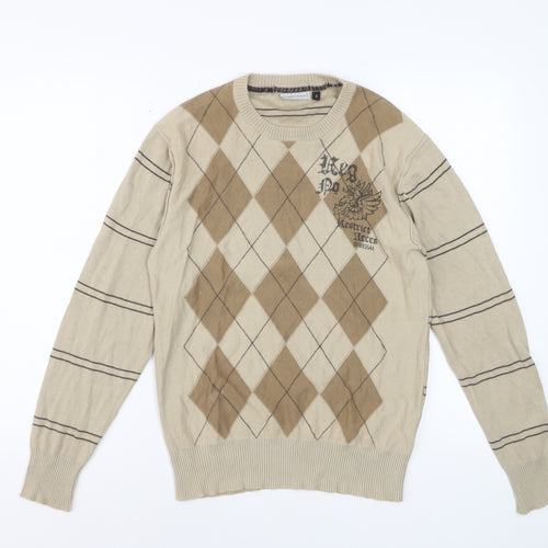 Angelo Litrico Men's Beige Argyle Crew Neck Cotton Jumper Size S