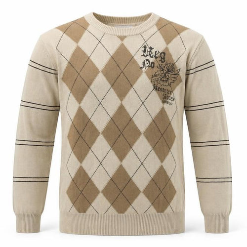 Angelo Litrico Men's Beige Argyle Crew Neck Cotton Jumper Size S