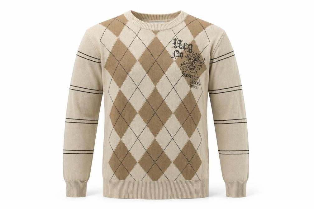 Angelo Litrico Men's Beige Argyle Crew Neck Cotton Jumper Size S