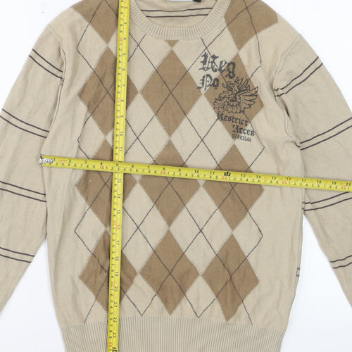 Angelo Litrico Men's Beige Argyle Crew Neck Cotton Jumper Size S