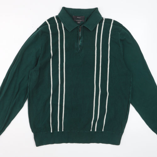 Marks and Spencer Men's Green Striped Cotton Half Zip Jumper Size L