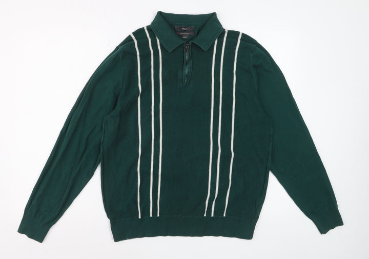 Marks and Spencer Men's Green Striped Cotton Half Zip Jumper Size L