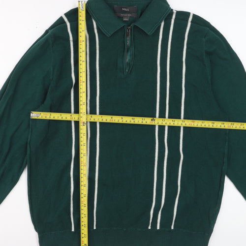 Marks and Spencer Men's Green Striped Cotton Half Zip Jumper Size L