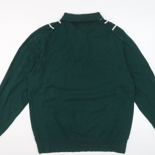 Marks and Spencer Men's Green Striped Cotton Half Zip Jumper Size L