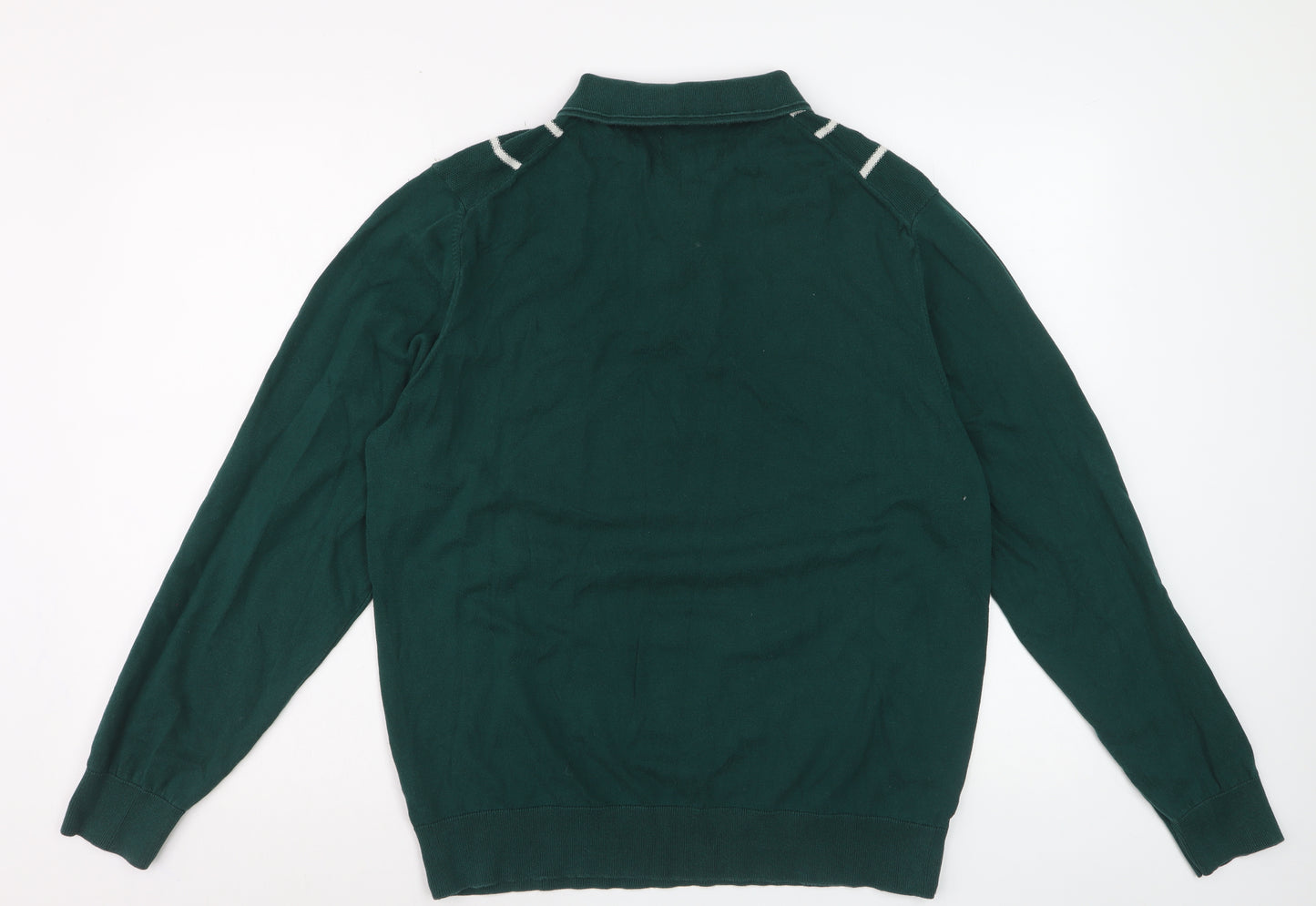 Marks and Spencer Men's Green Striped Cotton Half Zip Jumper Size L
