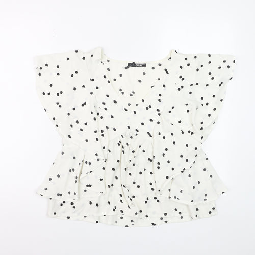 Quiz Women’s White Polka Dot Ruffle V-Neck Blouse Size 8