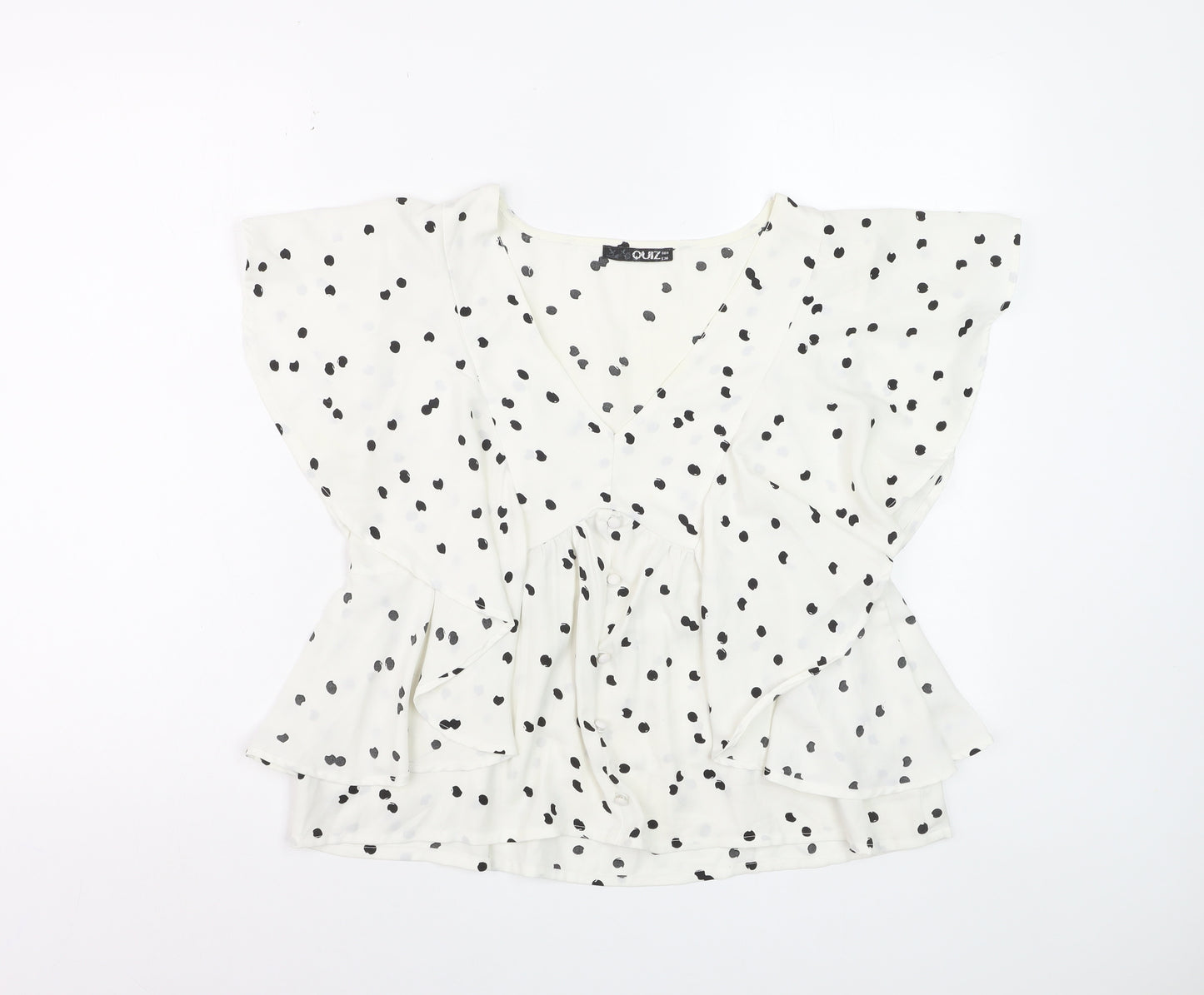 Quiz Women’s White Polka Dot Ruffle V-Neck Blouse Size 8