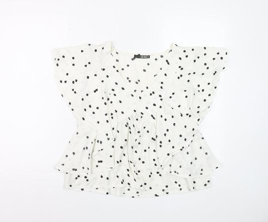 Quiz Women’s White Polka Dot Ruffle V-Neck Blouse Size 8