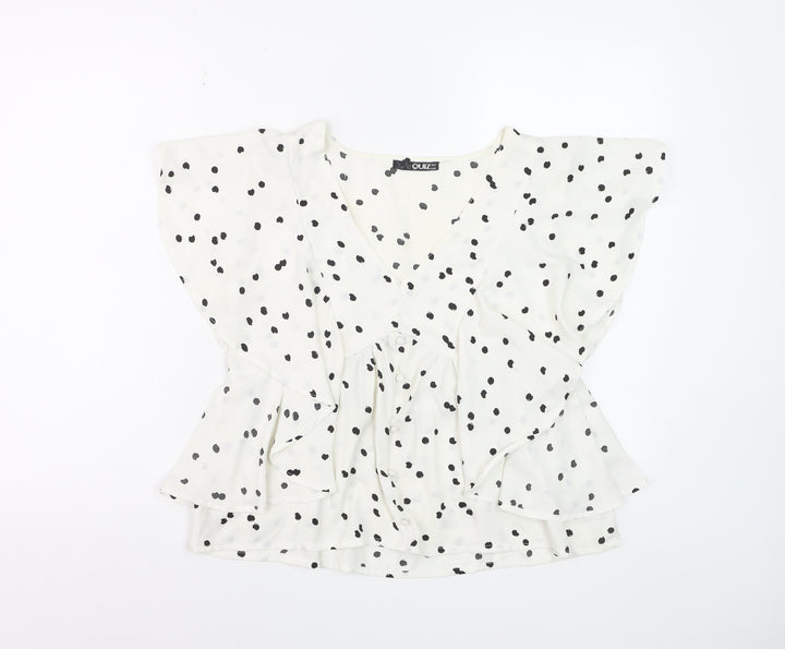 Quiz Women’s White Polka Dot Ruffle V-Neck Blouse Size 8