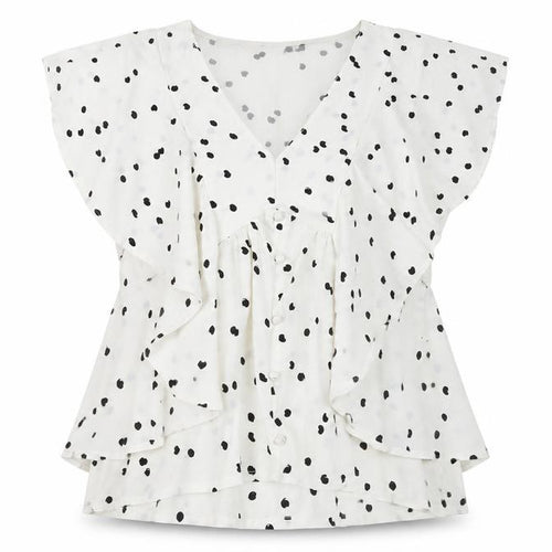 Quiz Women’s White Polka Dot Ruffle V-Neck Blouse Size 8
