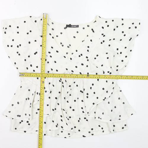 Quiz Women’s White Polka Dot Ruffle V-Neck Blouse Size 8