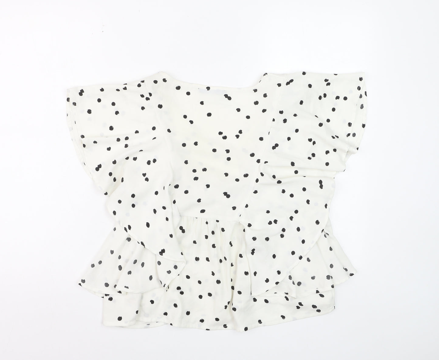 Quiz Women’s White Polka Dot Ruffle V-Neck Blouse Size 8
