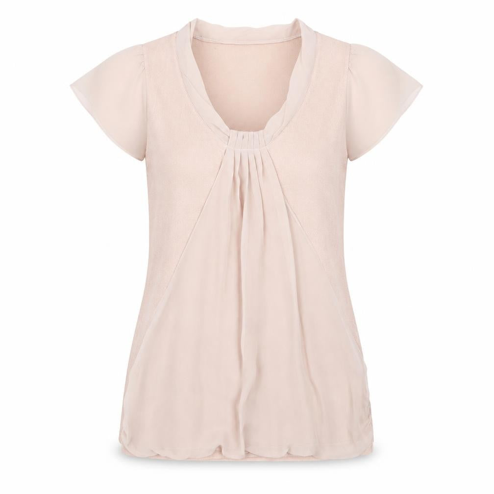 Front view of Next women’s beige short sleeve viscose tunic blouse, size UK 12