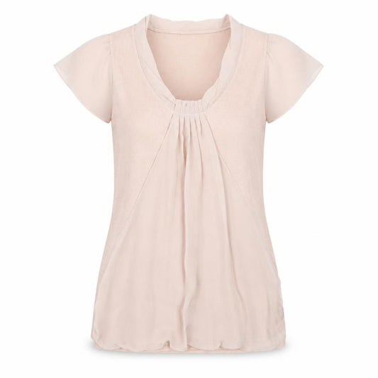 Front view of Next women’s beige short sleeve viscose tunic blouse, size UK 12