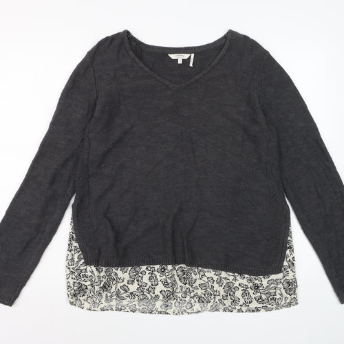 FatFace Women Black Size 12 V-Neck Cotton Knit Pullover Jumper