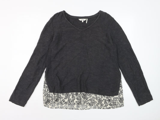 FatFace Women Black Size 12 V-Neck Cotton Knit Pullover Jumper