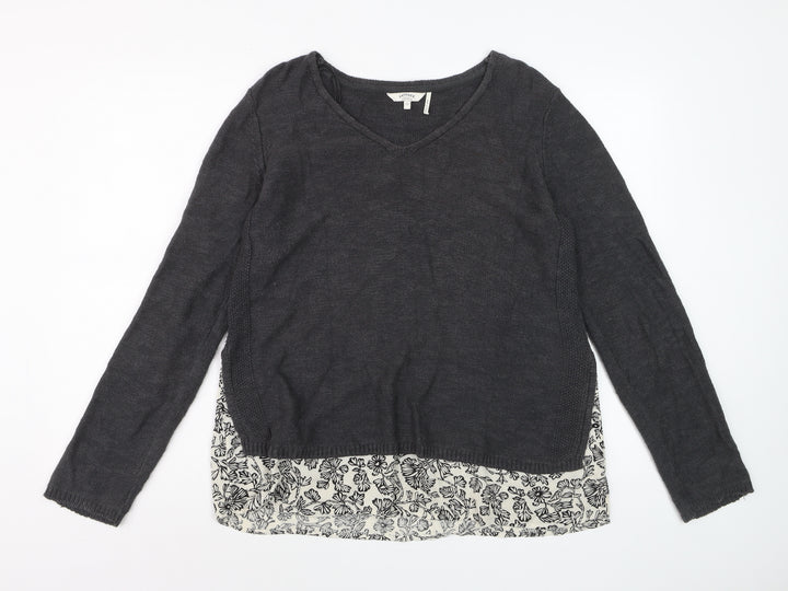 FatFace Women Black Size 12 V-Neck Cotton Knit Pullover Jumper