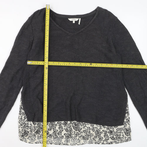 FatFace Women Black Size 12 V-Neck Cotton Knit Pullover Jumper