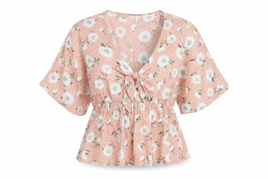 Front view of Primark Women’s Pink Floral Viscose Short Sleeve Tunic Blouse UK 16