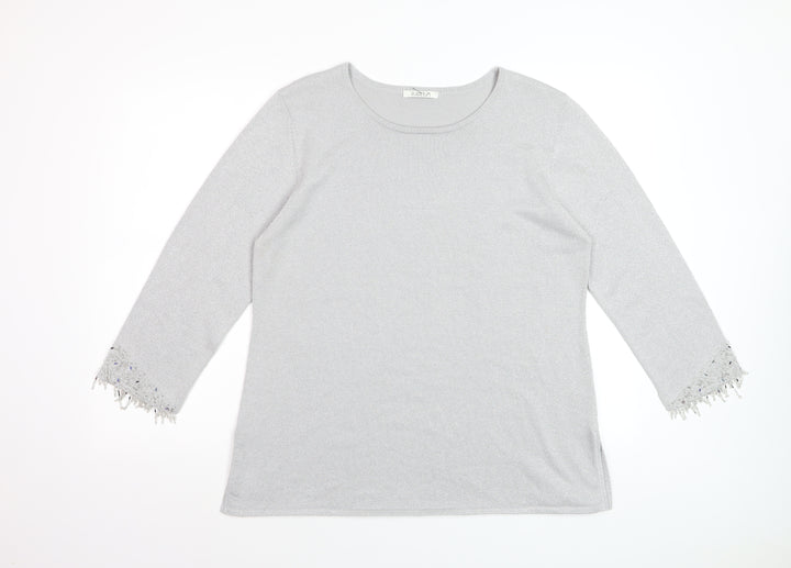 Platinum Women Silver L Knit Pullover Jumper with Fringe 3/4 Sleeves