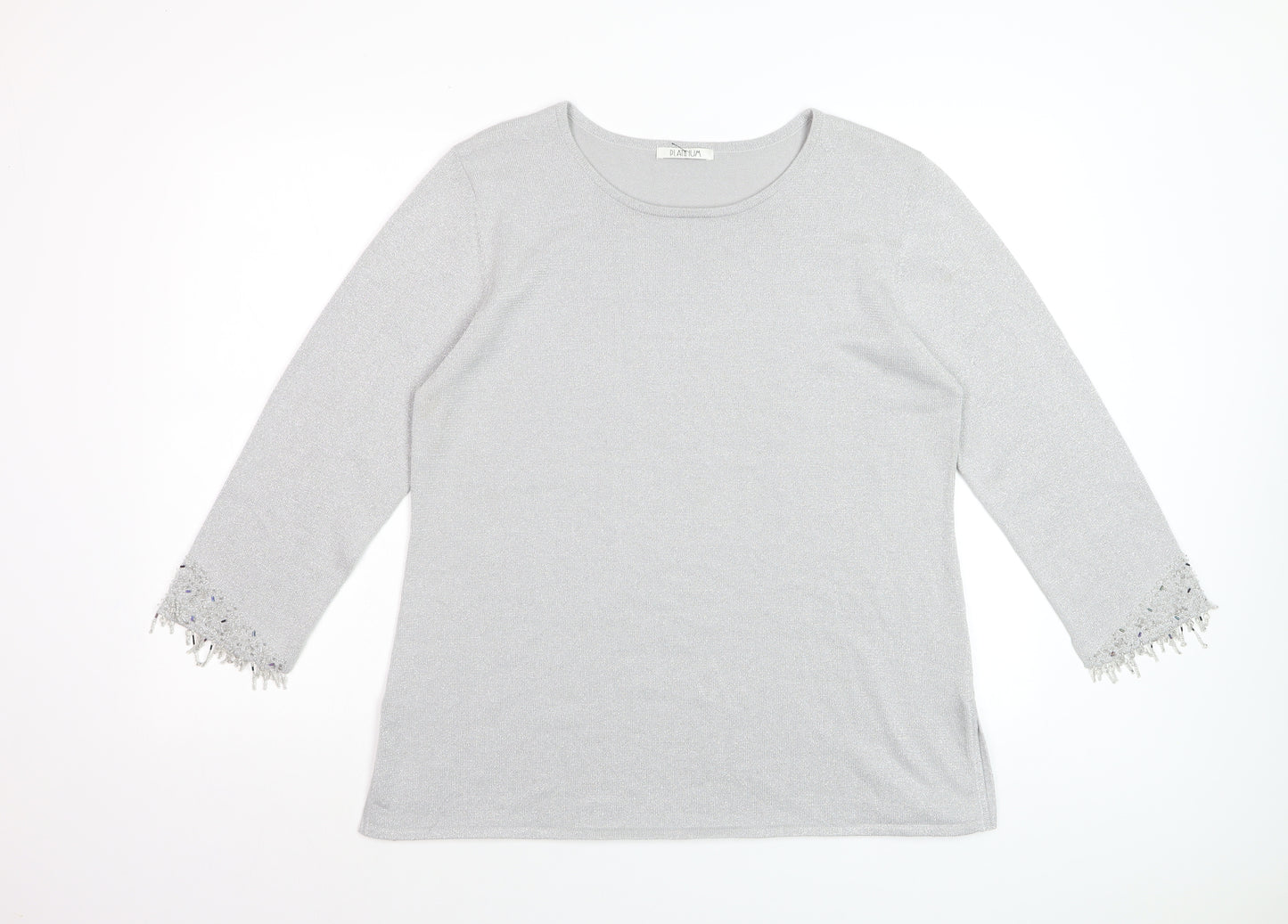 Platinum Women Silver L Knit Pullover Jumper with Fringe 3/4 Sleeves