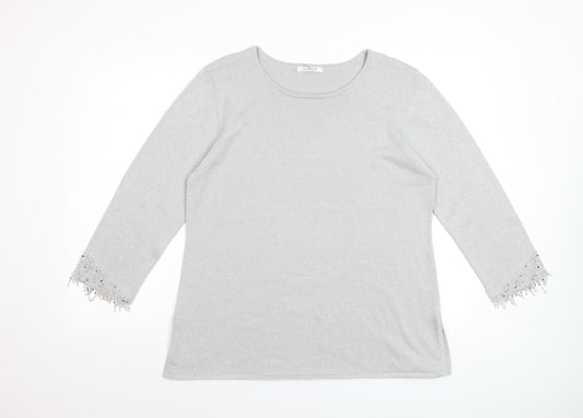Platinum Women Silver L Knit Pullover Jumper with Fringe 3/4 Sleeves