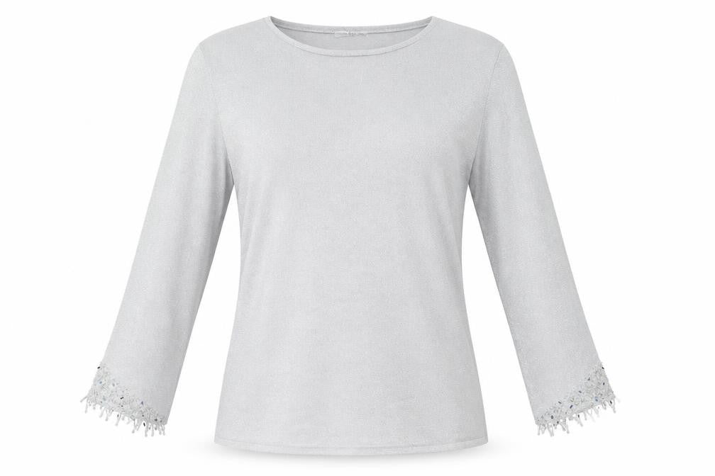 Front view of Platinum Women Silver L Knit jumper with Fringe 3/4 Sleeves