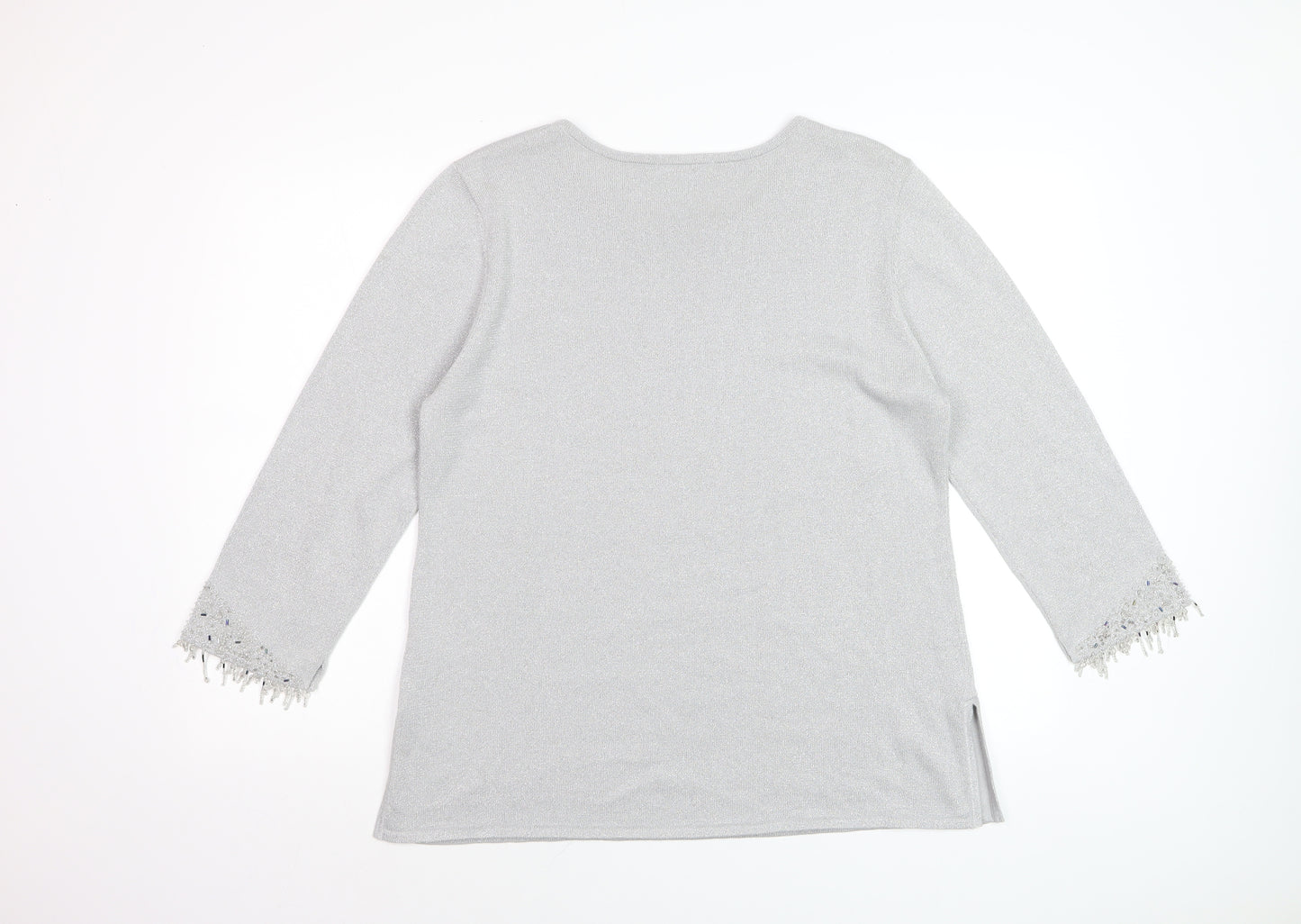 Platinum Women Silver L Knit Pullover Jumper with Fringe 3/4 Sleeves