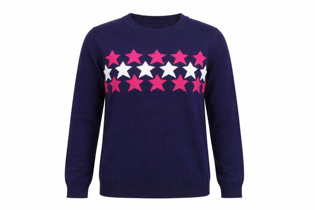 Front view of Amara Reya Women's Navy Star Crew Neck Jumper, size S, Viscose Blend