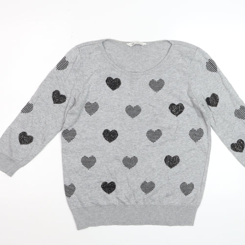 BHS Women’s Grey Heart Print Cotton Viscose Pullover Jumper Size 12