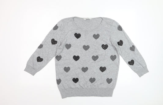 BHS Women’s Grey Heart Print Cotton Viscose Pullover Jumper Size 12