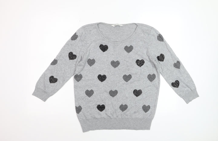 BHS Women’s Grey Heart Print Cotton Viscose Pullover Jumper Size 12